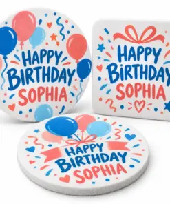 Foam coasters with colorful personalized birthday print