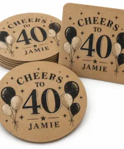 Kraft paper coasters with birthday artwork printed on natural brown paper