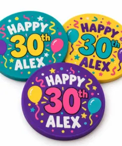 Soft PVC coasters with colorful birthday artwork