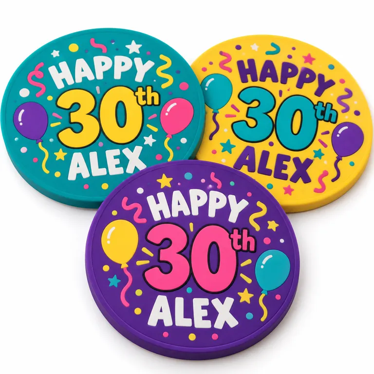 Soft PVC coasters with colorful birthday artwork