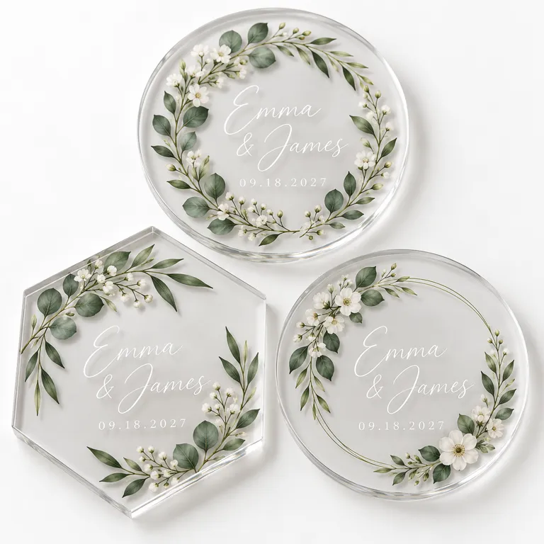 Clear acrylic coasters with botanical wedding artwork printed on the surface
