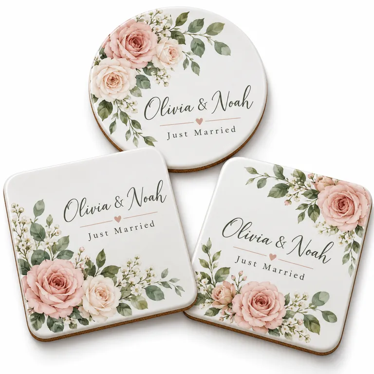 Ceramic coasters with floral wedding print