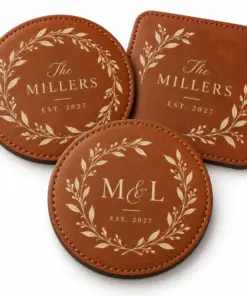 Leather coasters with personalized wedding artwork