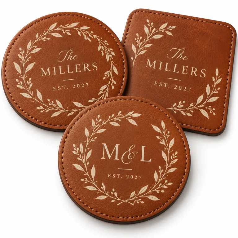 Leather coasters with personalized wedding artwork