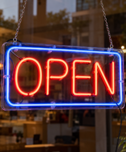 Custom OPEN Window LED Neon Sign in an indoor setting — example custom design