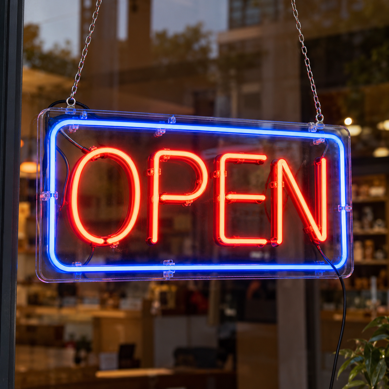 Custom OPEN Window LED Neon Sign in an indoor setting — example custom design