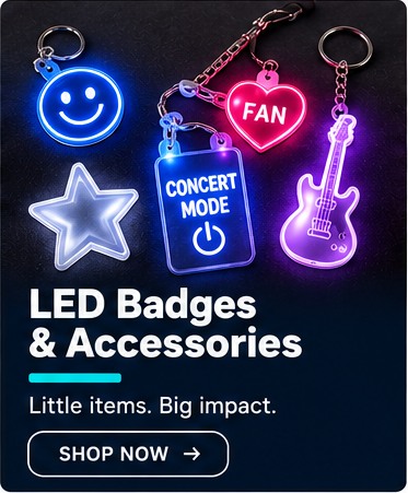 LED Badges & Accessories â€” custom concert LED merchandise