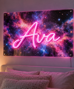Printed Background with Neon Name in an indoor setting — example custom design