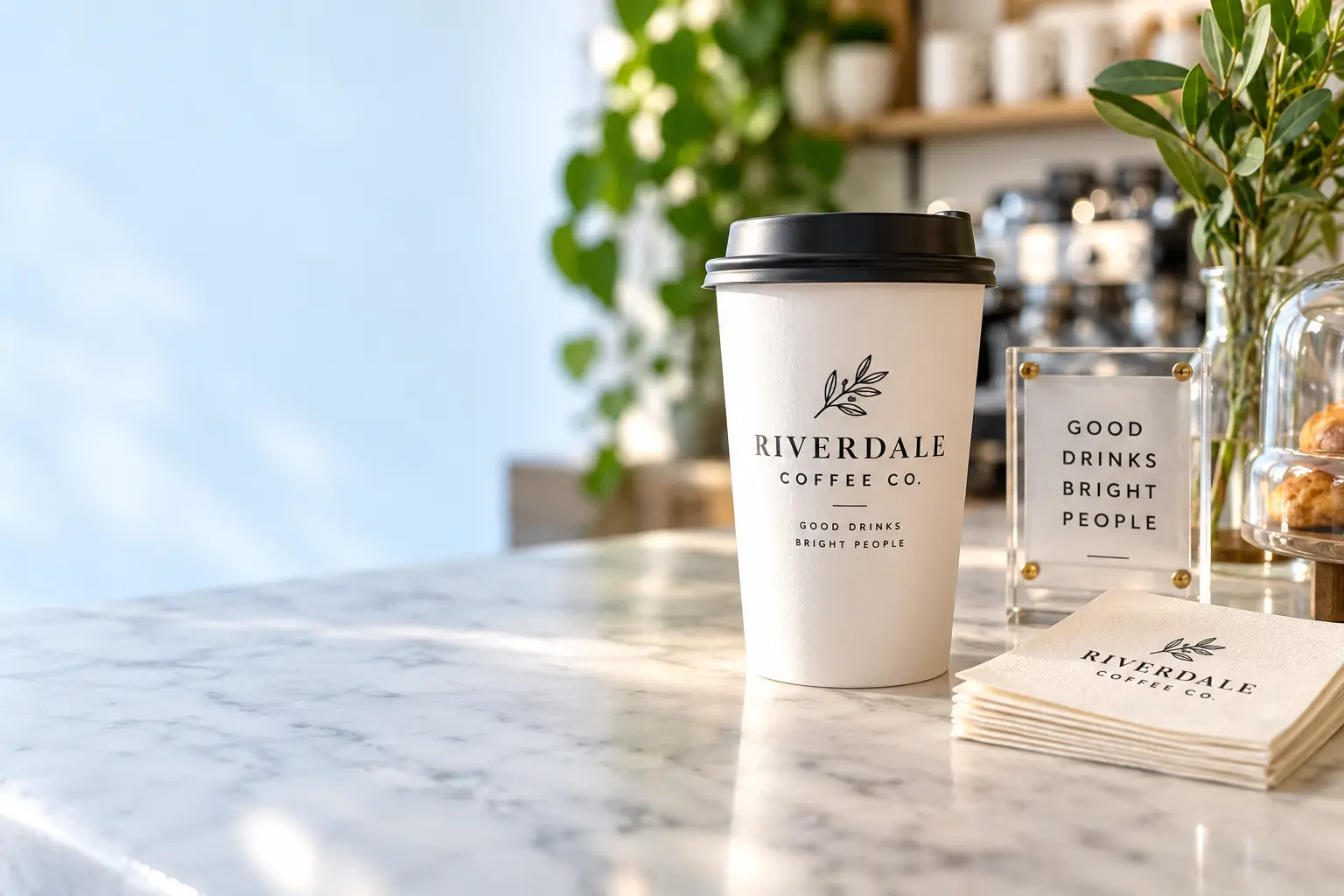 Printed coffee cup, acrylic sign and custom napkins