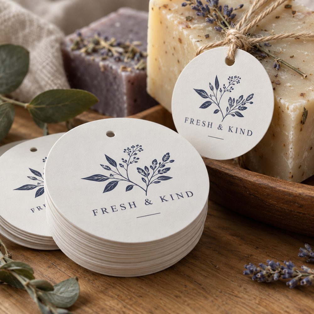 Custom Printed Round Hang Tags shown with an original sample design