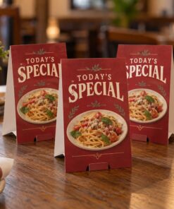 Custom Printed Restaurant Table Tents shown with an original sample design