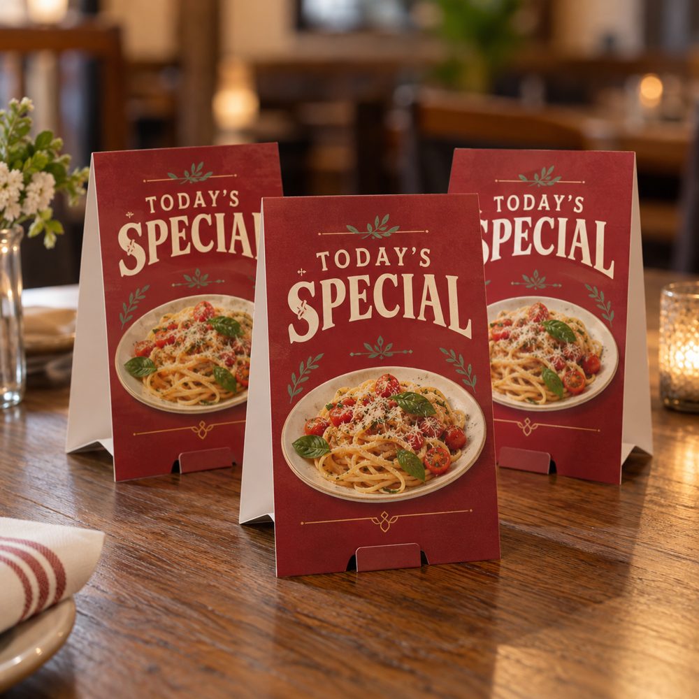 Custom Printed Restaurant Table Tents shown with an original sample design