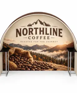Custom Rounded Arch Display Booths with Shelves with a sample custom printed design
