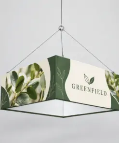 Custom Square Hanging Fabric Signs showing an example custom design