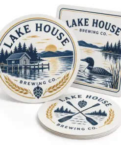 Thin paper coasters with Lake House brewery print