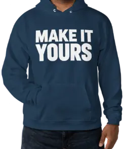 Custom Hanes EcoSmart 50/50 Pullover Hoodie - Navy custom print example; your uploaded design replaces the example artwork