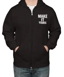 Custom Gildan Midweight 50/50 Zip Hoodie - Black custom print example; your uploaded design replaces the example artwork