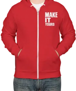 Custom Bella + Canvas Ultra Soft Zip Hoodie - Red custom print example; your uploaded design replaces the example artwork