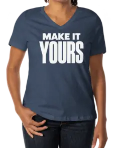 Custom Bella + Canvas Women’s Jersey V-Neck T-shirt - Navy custom print example; your uploaded design replaces the example artwork