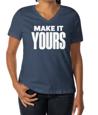 Custom Bella + Canvas Women’s Jersey V-Neck T-shirt - Navy custom print example; your uploaded design replaces the example artwork