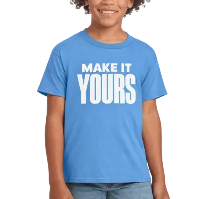 Custom Gildan Youth Softstyle Jersey T-shirt - Carolina Blue custom print example; your uploaded design replaces the example artwork