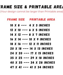 Frame outer size and maximum printable area chart