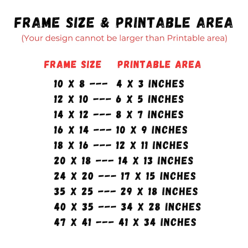 Frame outer size and maximum printable area chart