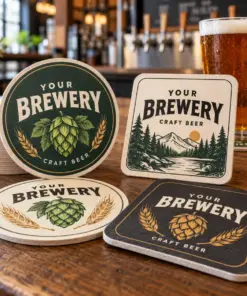 Illustrative brewery logo printing on round and square absorbent pulpboard beer coasters in a taproom