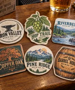 Illustrative printed beer coasters with six different brewery logo designs, round, square, hop contour and barrel contour shapes