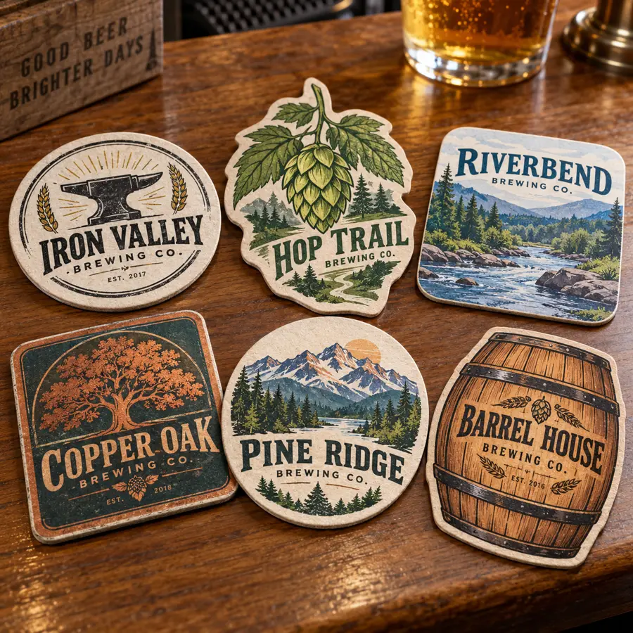 Illustrative printed beer coasters with six different brewery logo designs, round, square, hop contour and barrel contour shapes