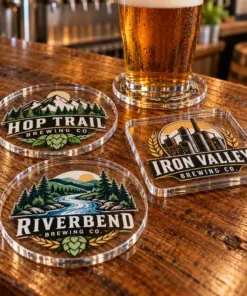 Illustrative acrylic brewery coasters with different brewery logo samples