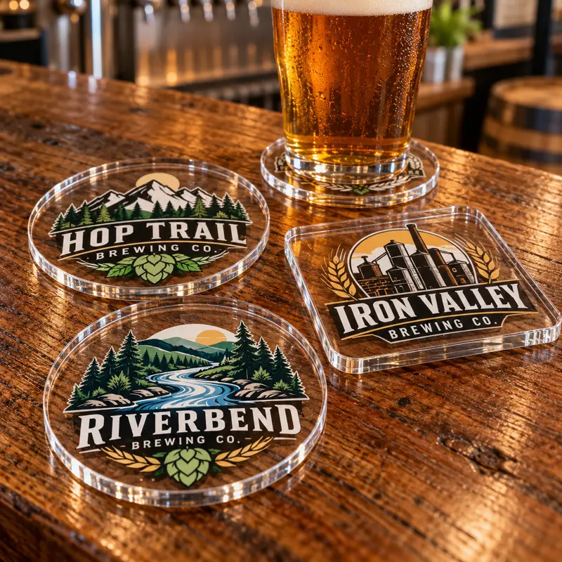 Illustrative acrylic brewery coasters with different brewery logo samples