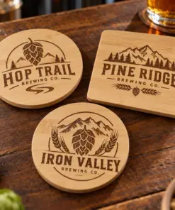 Illustrative bamboo brewery coasters with different brewery logo samples