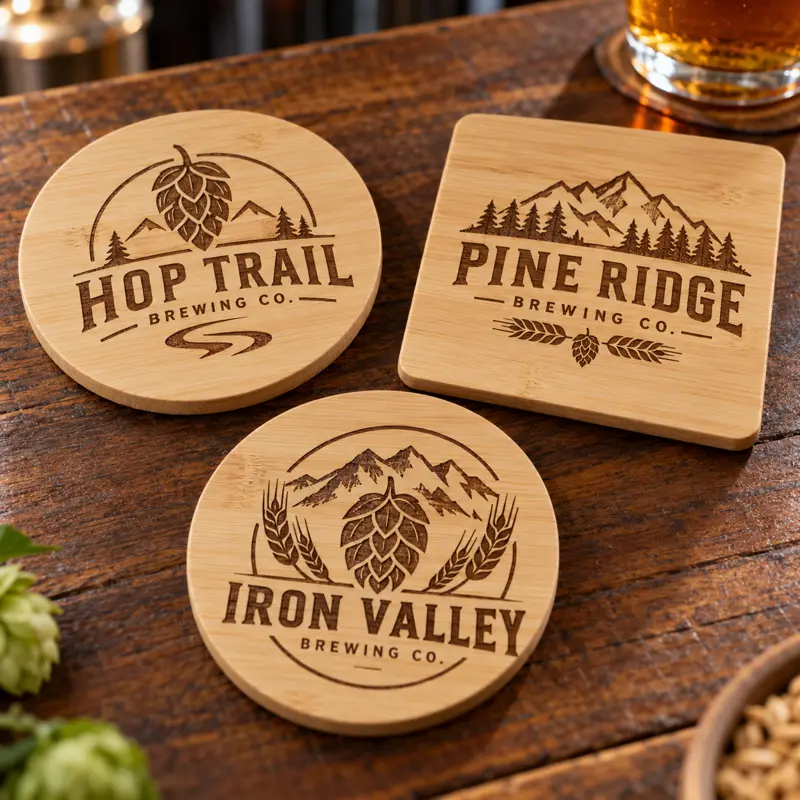 Illustrative bamboo brewery coasters with different brewery logo samples