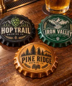 Illustrative cap brewery coasters with different brewery logo samples
