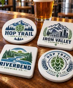 Illustrative ceramic brewery coasters with different brewery logo samples