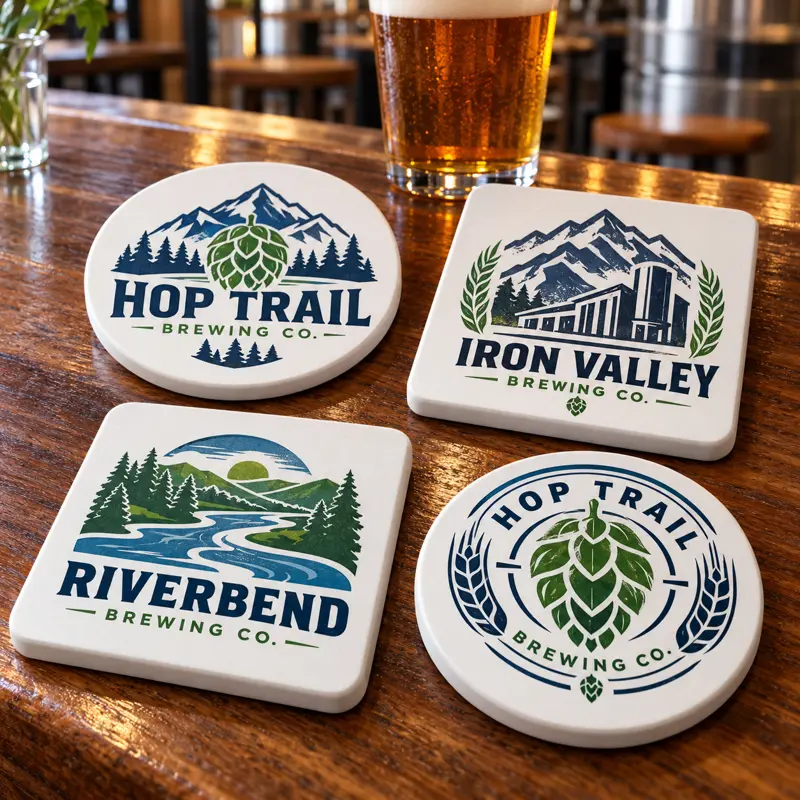 Illustrative ceramic brewery coasters with different brewery logo samples