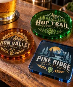 Illustrative colored acrylic brewery coasters with different brewery logo samples