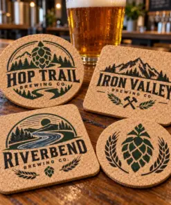 Illustrative cork brewery coasters with different brewery logo samples
