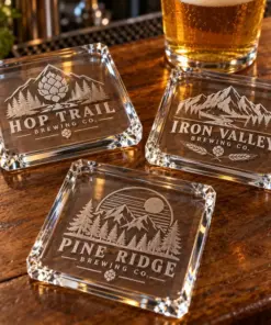 Illustrative crystal brewery coasters with different brewery logo samples