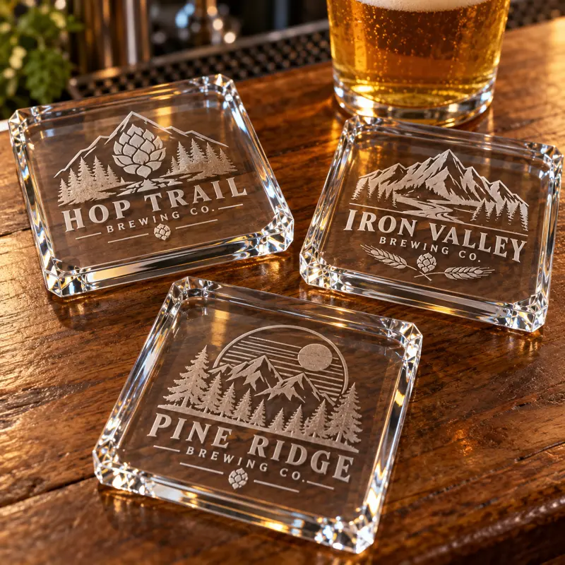 Illustrative crystal brewery coasters with different brewery logo samples
