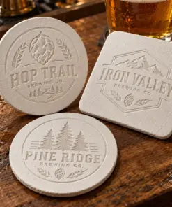 Illustrative debossed brewery coasters with different brewery logo samples