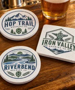 Illustrative diatom brewery coasters with different brewery logo samples