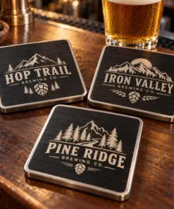 Illustrative ebony brewery coasters with different brewery logo samples