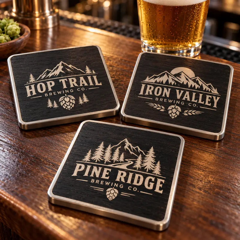 Illustrative ebony brewery coasters with different brewery logo samples
