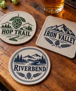 Illustrative fabric brewery coasters with different brewery logo samples