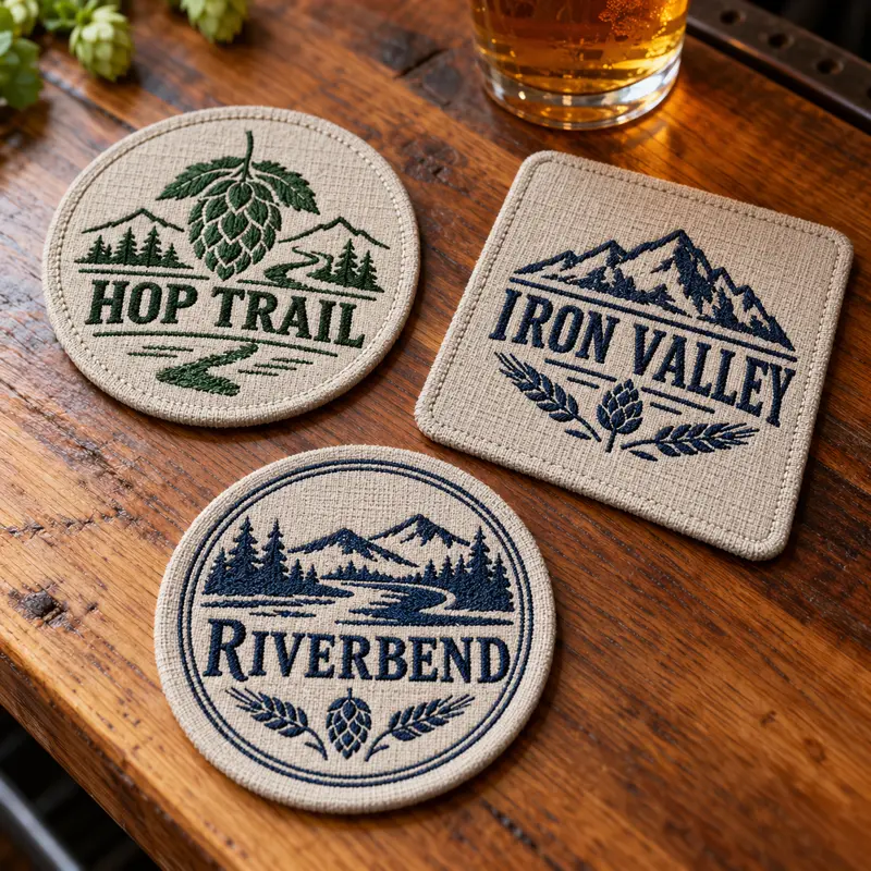 Illustrative fabric brewery coasters with different brewery logo samples