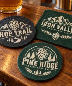 Illustrative felt brewery coasters with different brewery logo samples