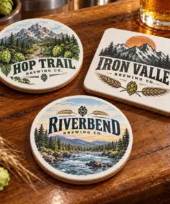 Illustrative fiberboard brewery coasters with different brewery logo samples