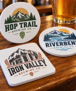 Illustrative foam brewery coasters with different brewery logo samples